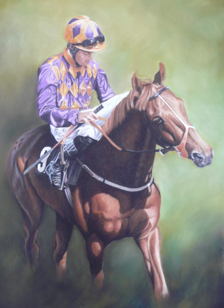 pastel racehorse and rider