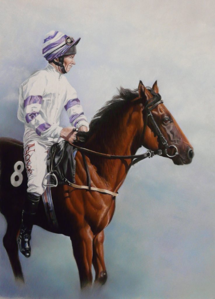 pastel racehorse and rider